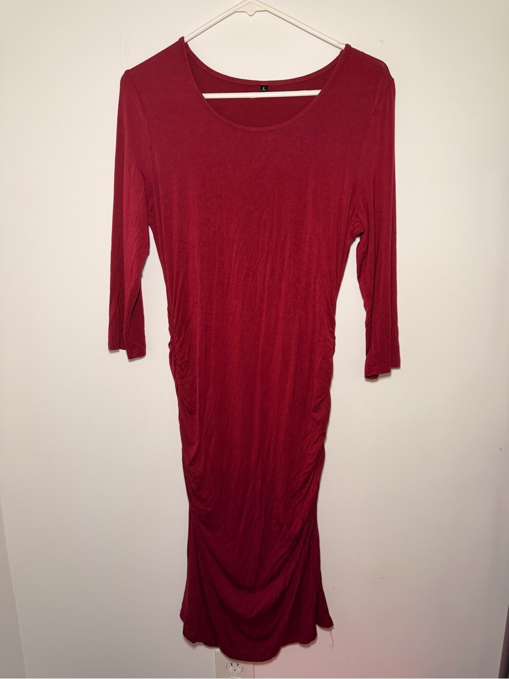 Red scoop neck midi dress 3/4 sleeves flattering side ruching classy sexy dress